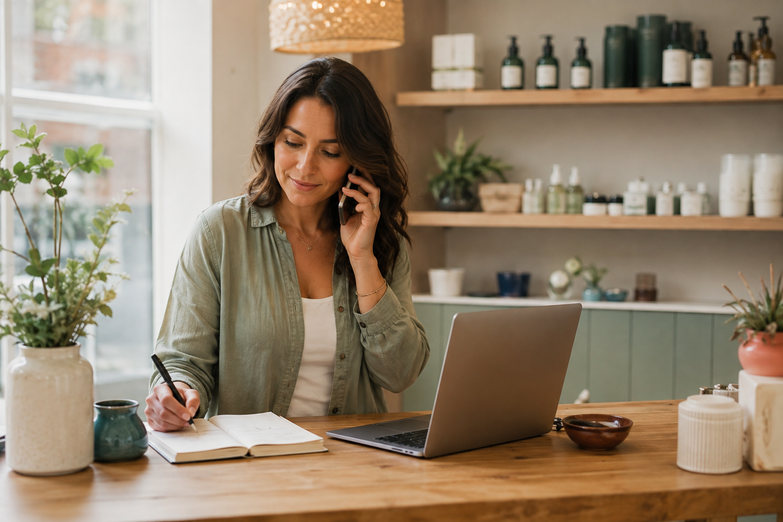 Business owner taking notes during a call about her services