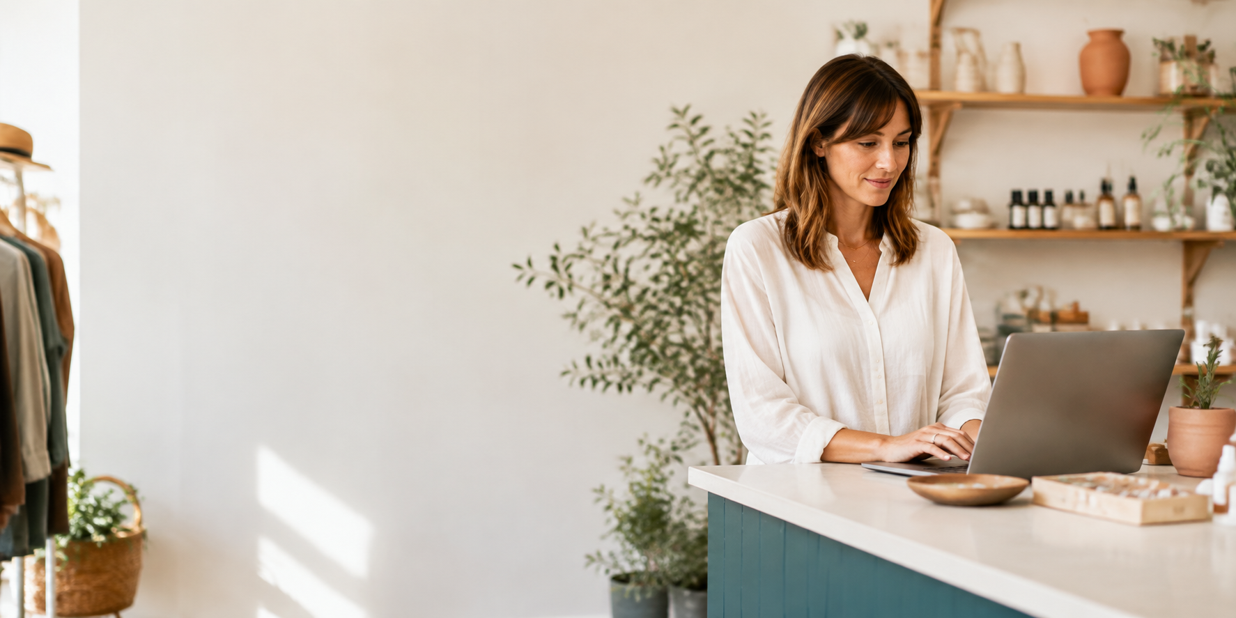 Small business owner working on her laptop behind the counter of her shop