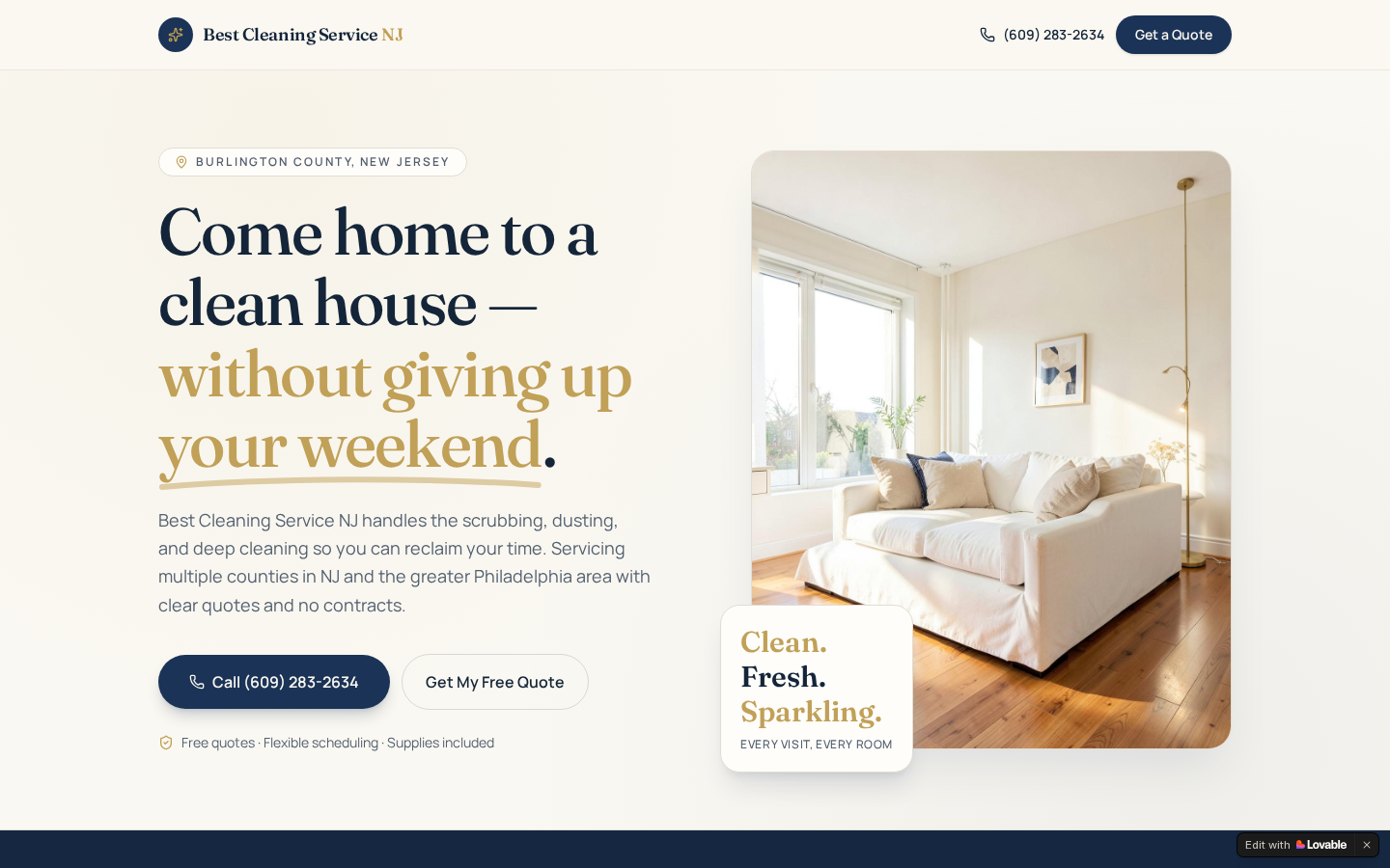 The Best Cleaning Service website shown on a desktop screen